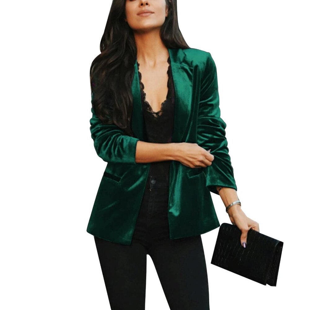 Velvet Blazer Jacket Tailored Office Work Chic Elegant Long Sleeve Button